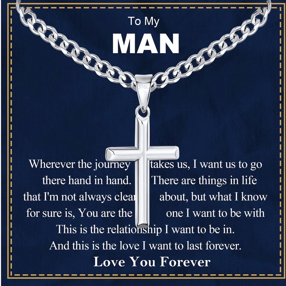 Stainless Steel Silver Cross Pendant “To My Man” Necklace - Picture 1 of 4